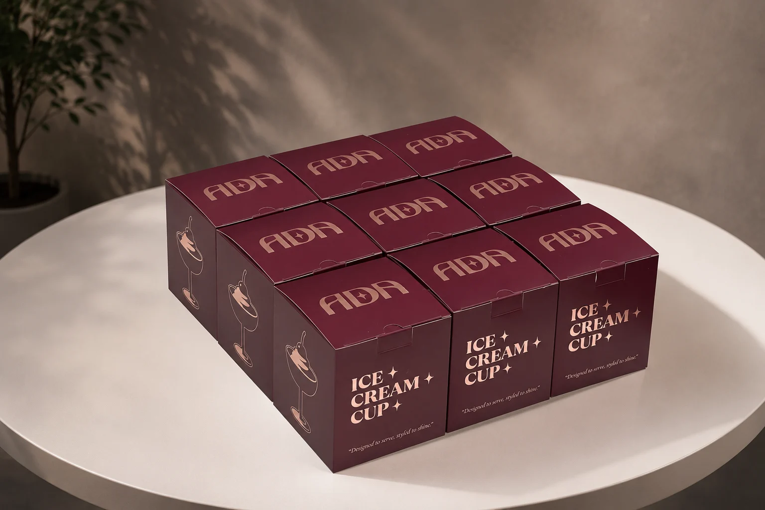 Maroon Ada Studio ice cream cup packaging arranged on a round table