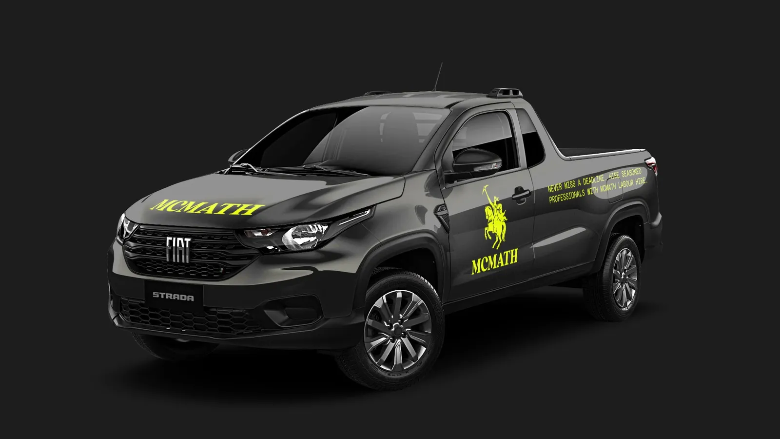 Charcoal utility vehicle with the McMath mark and wordmark in lime on the door and bonnet