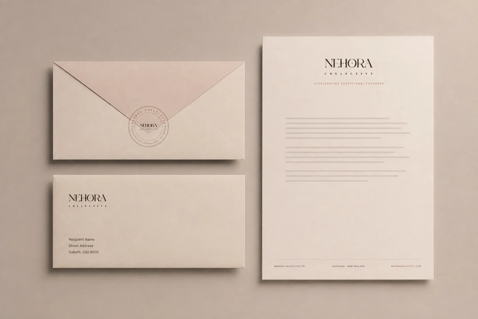 Nehora Collective envelope and letterhead mockup