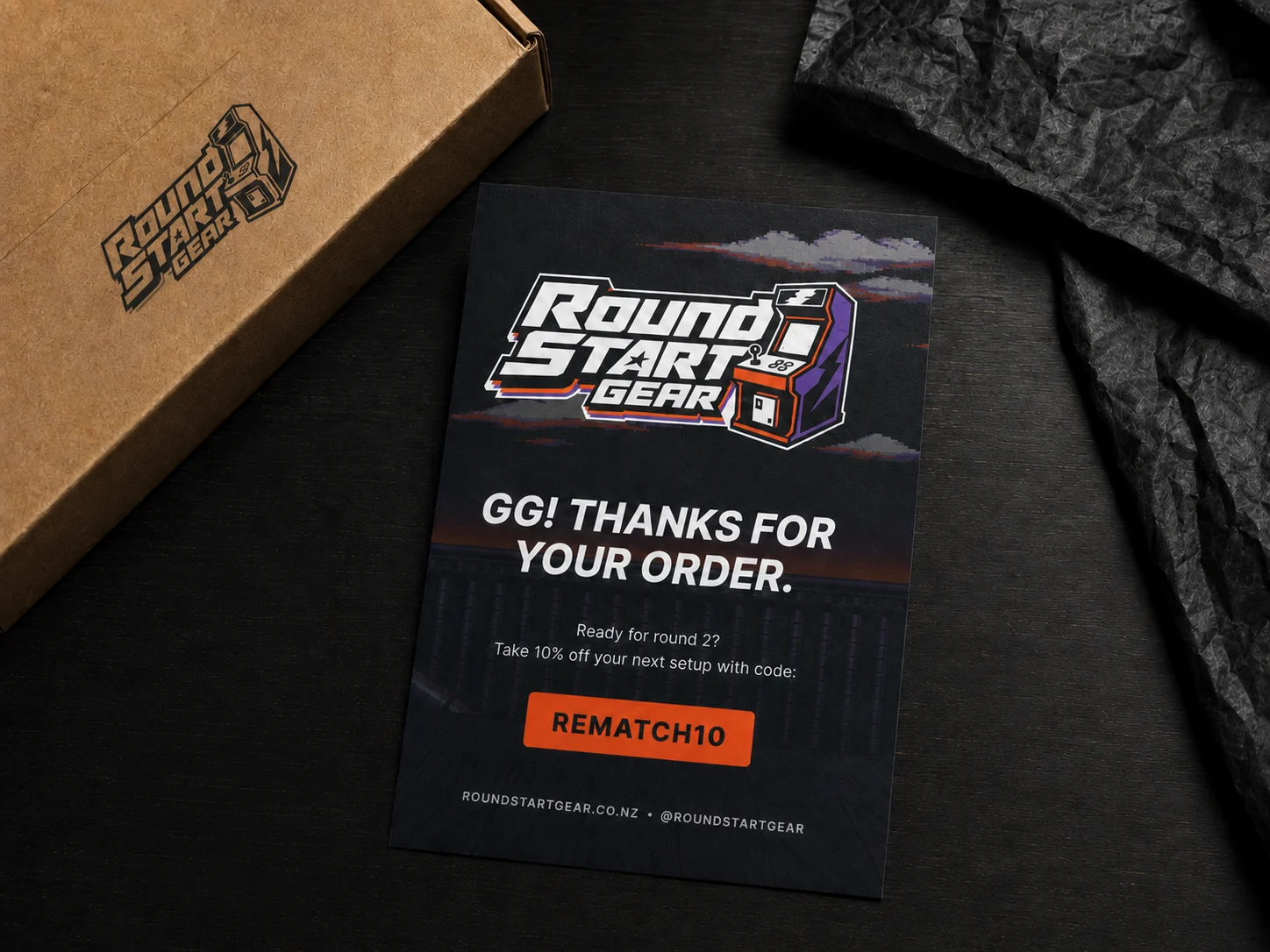 Round Start Gear branded thank-you card mockup