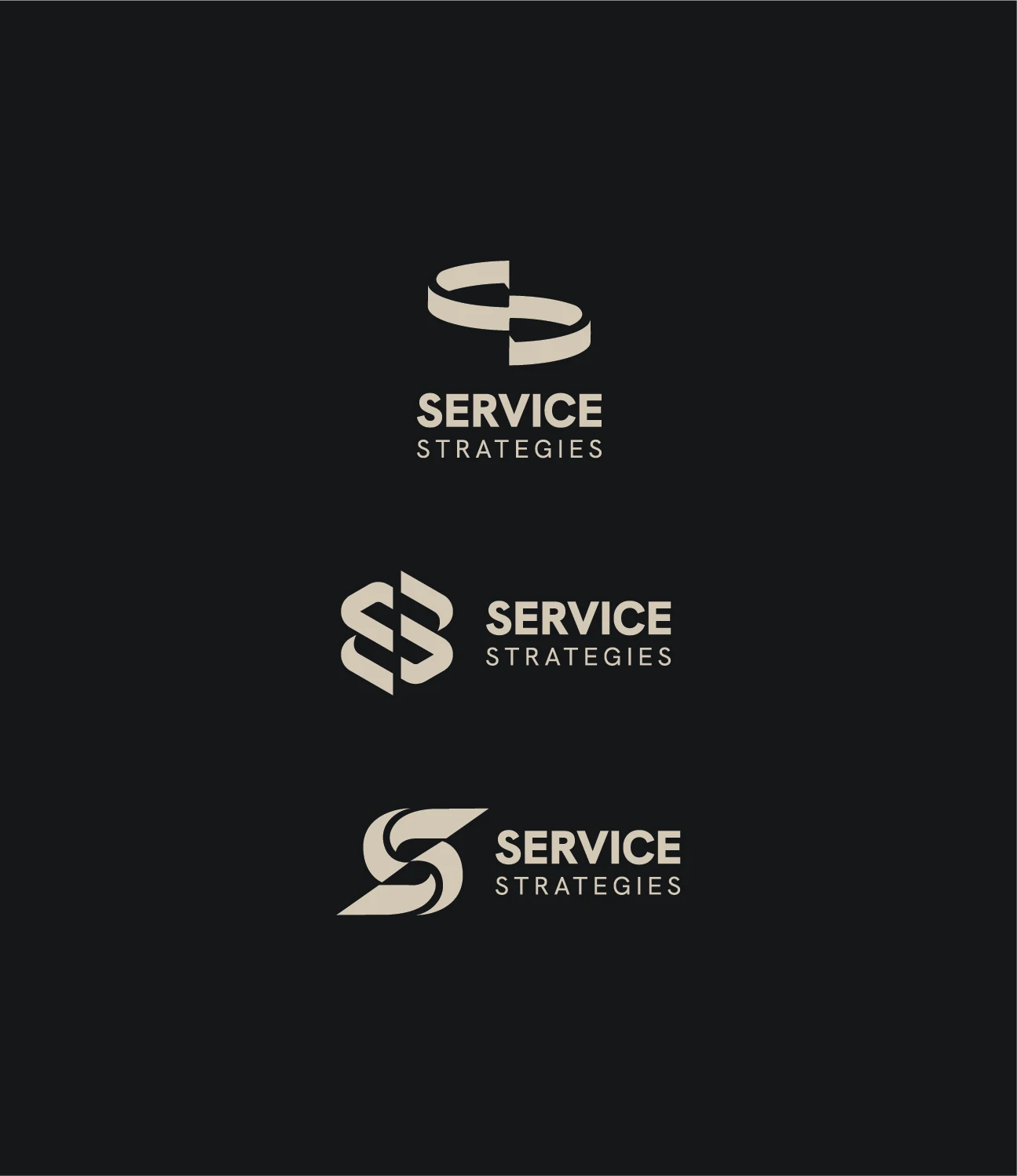 Service Strategies logo lockups in cream on an off-black background